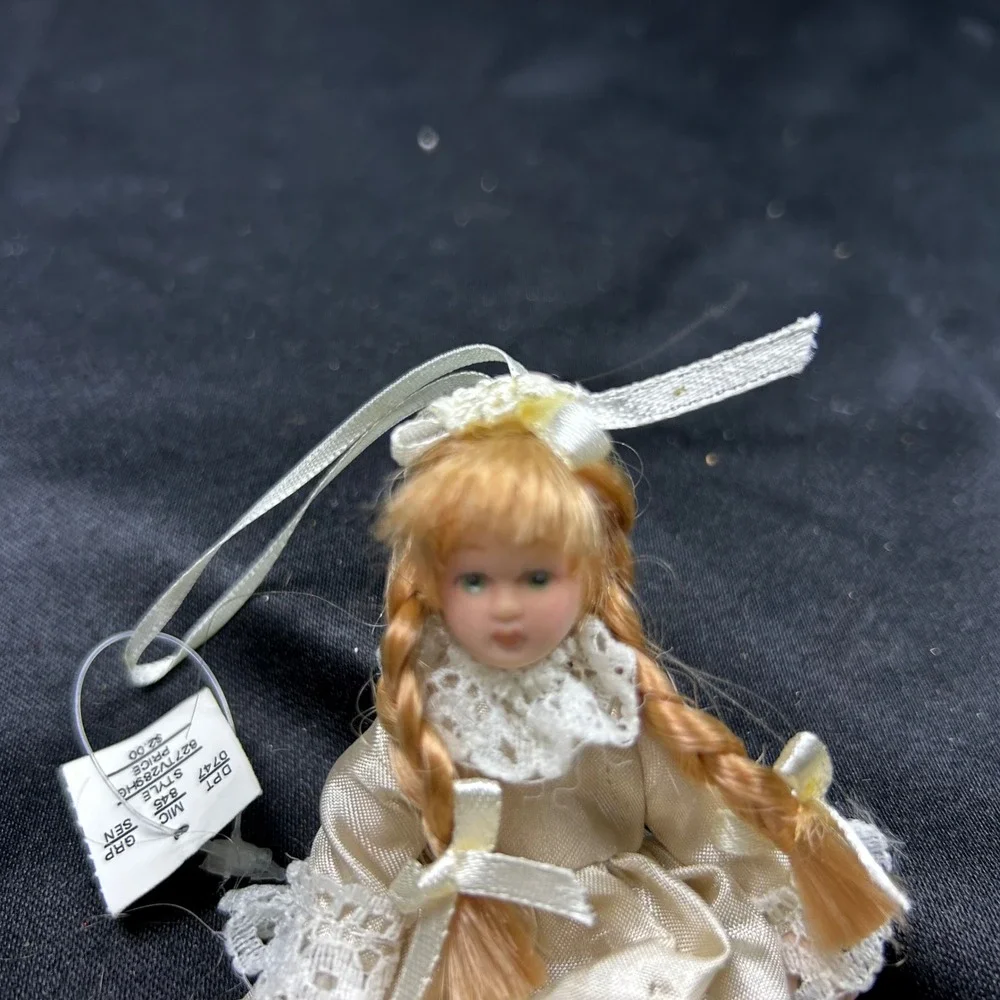 Miniature Porcelain Doll Ornament Cream Satin Lace Dress Braided Hair Vintage